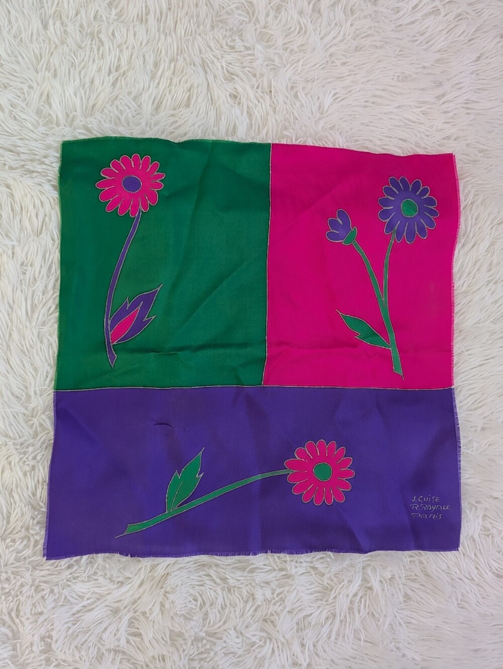 Vintage J. Guise / T. Royalle Paris Floral Scarf – Bold Pink, Purple & Green